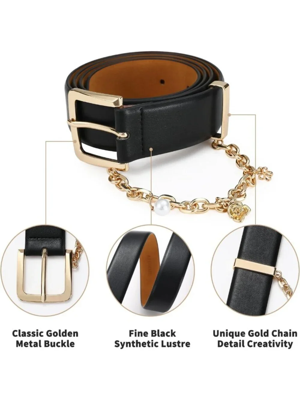 Stylish Black Women's Belt with Gold Buckle & Chain Detail - Perfect for Jeans